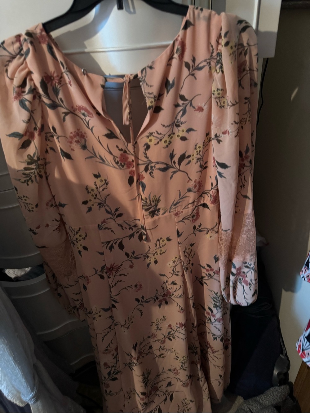 Peach Floral Long Sleeve Midi Dress